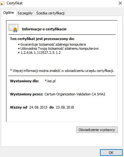 Informacje o certyfikacie OV